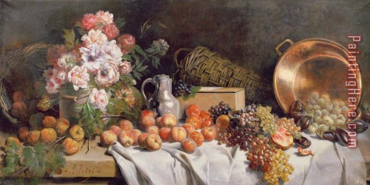 Alfred Petit Still life with flowers and fruit on a table